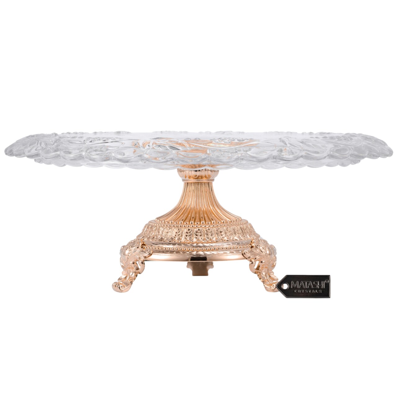 Matashi Glass Etched Cake Plate Centerpiece Round Serving Platter w Rose Gold Plated Pedestal Base for Weddings Parties